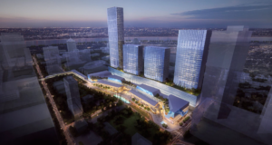 Aerial render of Causeway City, Johor Bahru, at dusk