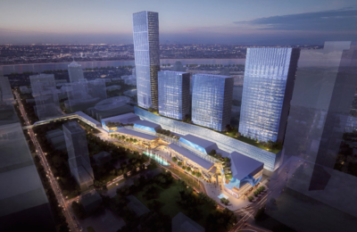 Aerial render of Causeway City, Johor Bahru, at dusk