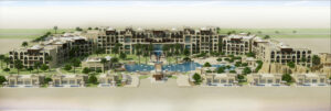 Panoramic render of Saadiyat Rotana Hotel and Beach Resort seen from the beach